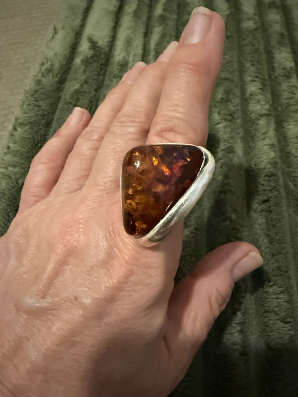 Sterling Silver Amber Statement Ring - Brown Amber - size 9